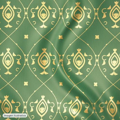 Brocado barroco verde y oro — 100% poliéster