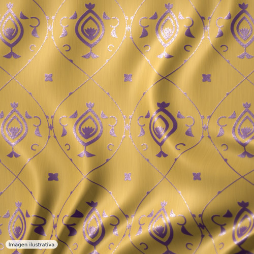 Brocado jacquard damasco dorado morado — 38% poliéster