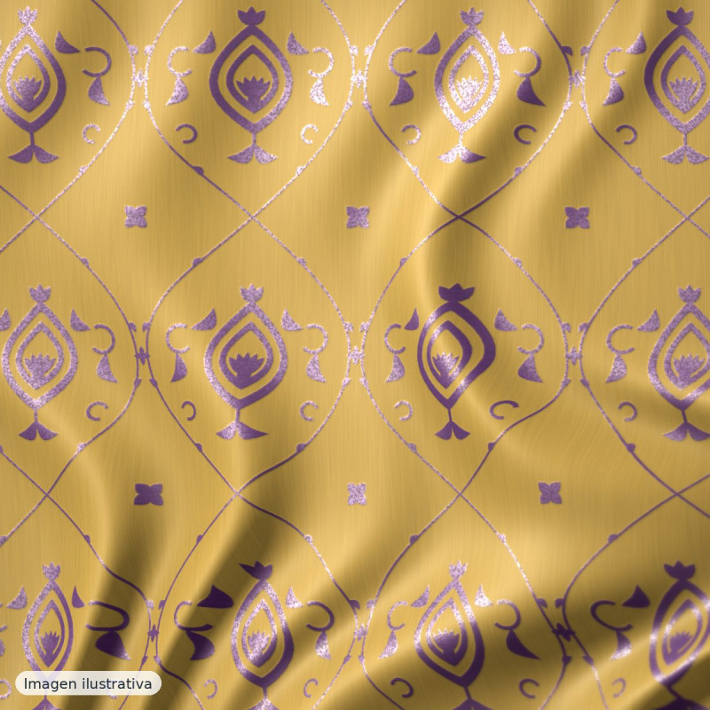 Brocado jacquard damasco dorado morado — 38% poliéster