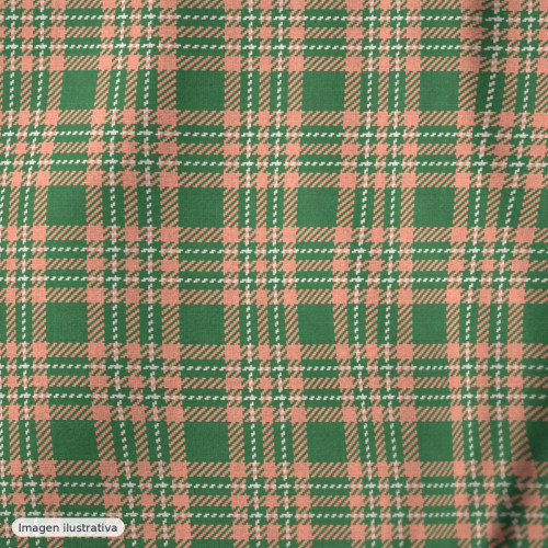Popelina seersucker cuadros verde y salmón — 70% algodón