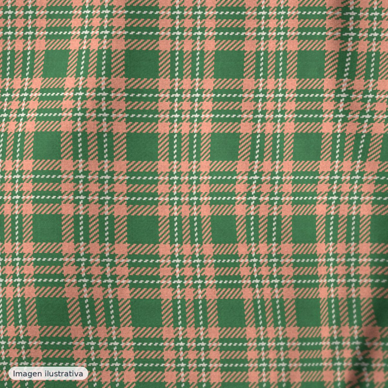 Popelina seersucker cuadros verde y salmón — 70% algodón