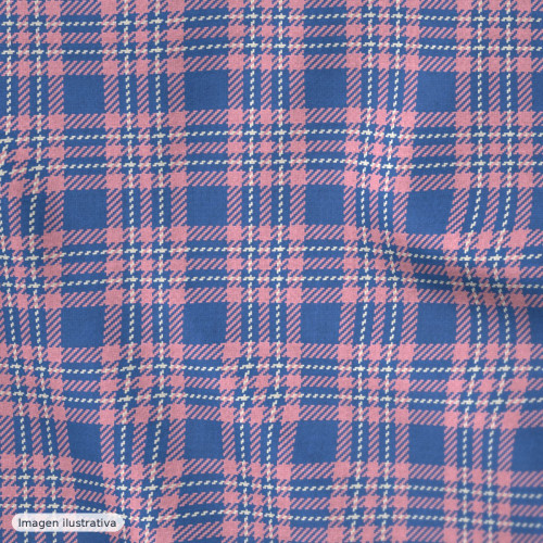 Popelina seersucker mini cuadros azul y rosa — 70% algodón