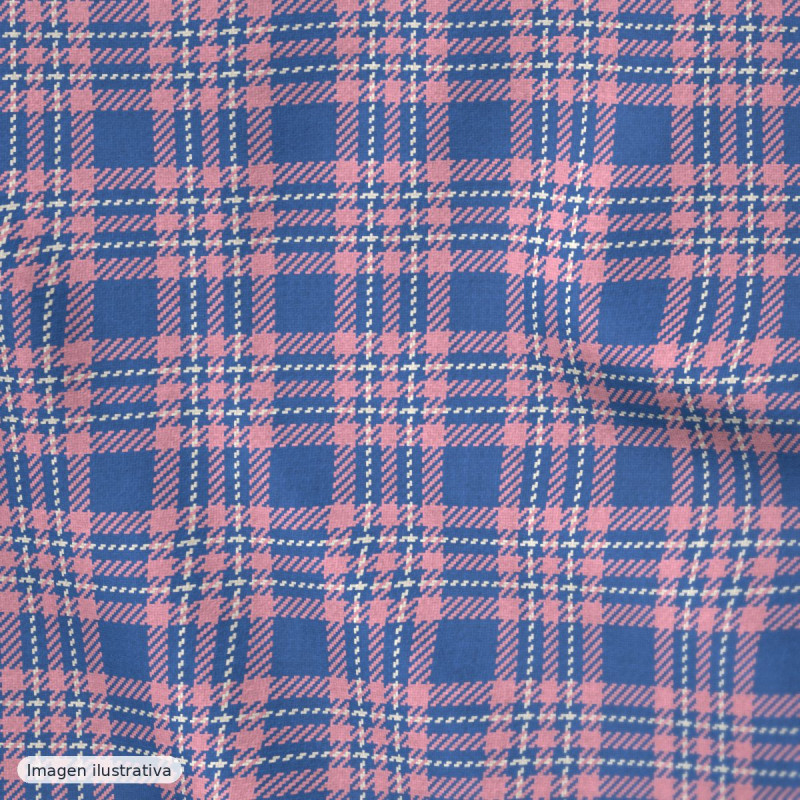 Popelina seersucker mini cuadros azul y rosa — 70% algodón