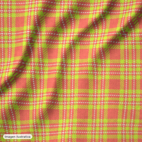 Popelina seersucker mini cuadros coral flúor — 70% algodón