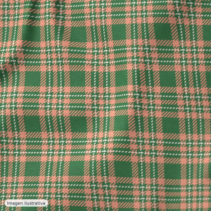 Popelina seersucker mini cuadros verde y salmón — 70% algodón